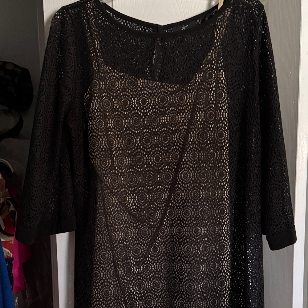 Nina Leonard Black Lace Overlay Dress with Nude Spaghetti Strap Slip (attached)